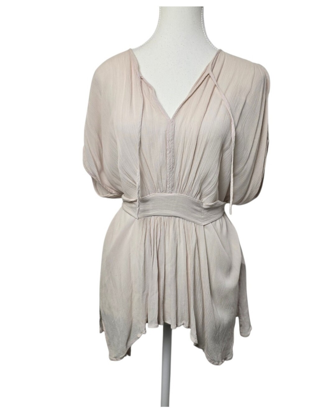 ALLSAINTS Nevis Top Oyster Light Pink Drape Tunic Split V-Neck Tie Detail Blouse